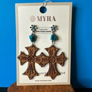 NWT Myra Hand-tooled Leather & Turquoise "Cross of Glory" Earrings